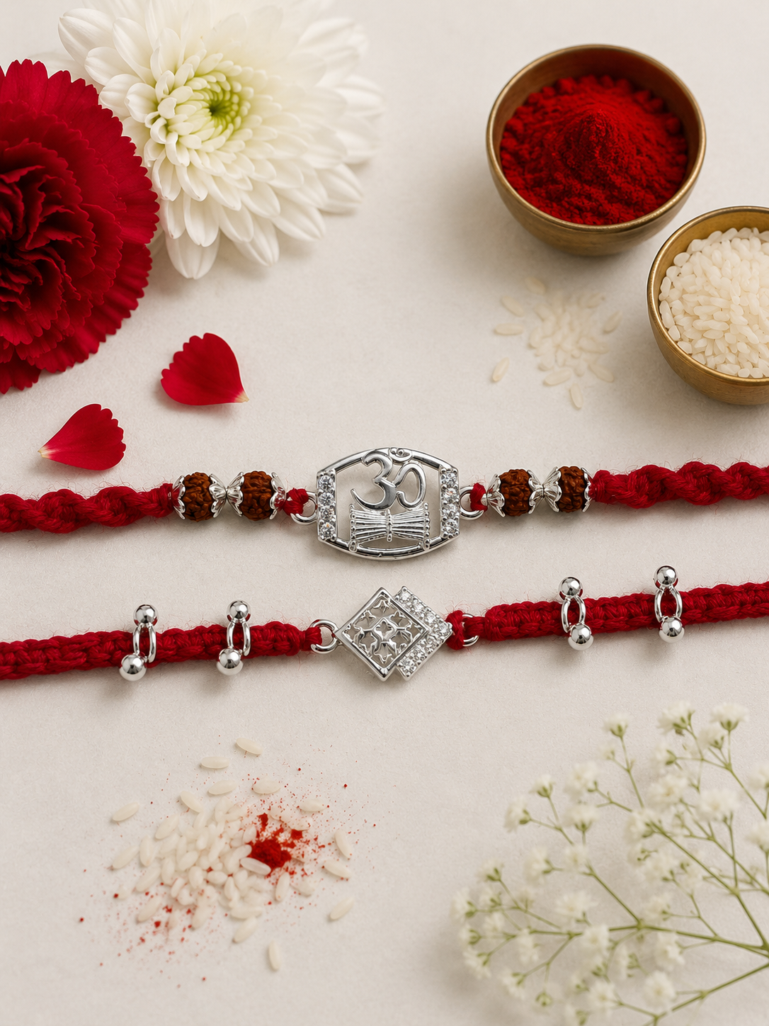 OM DAMRU DIAMOND AMORA COUPLE SILVER RAKHI