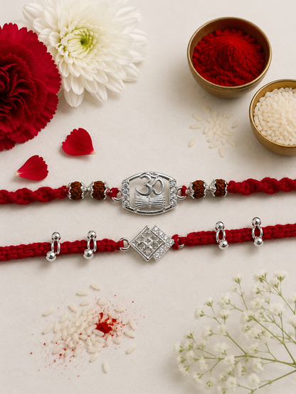 OM DAMRU DIAMOND AMORA COUPLE SILVER RAKHI