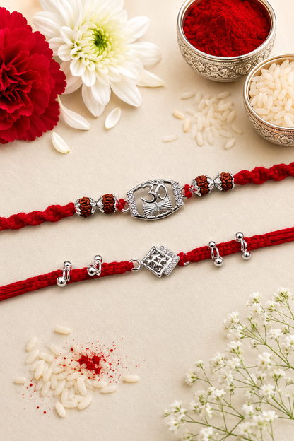 OM DAMRU DIAMOND AMORA COUPLE SILVER RAKHI