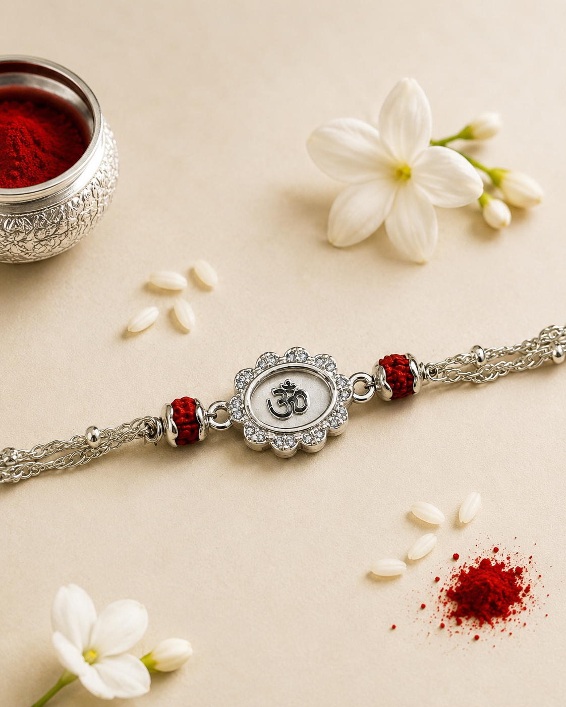 WHITE OM BHUMIKA SILVER RAKHI