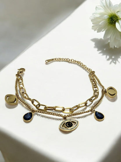GOLDEN LAYER CHAIN WITH HANGING CHARMS LIKE BLUE DROP DIAMOND EVIL EYE AND TINY SHINY DIAMOND