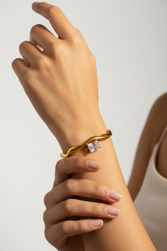 GOLDEN RECTANGULAR STONE ROBYN BRACELET (CUFF)