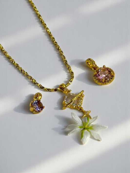 GOLDEN CHAIN WITH THREE TYPE OF  PURPLE, WHITE, PINK DIAMOND PENDENT