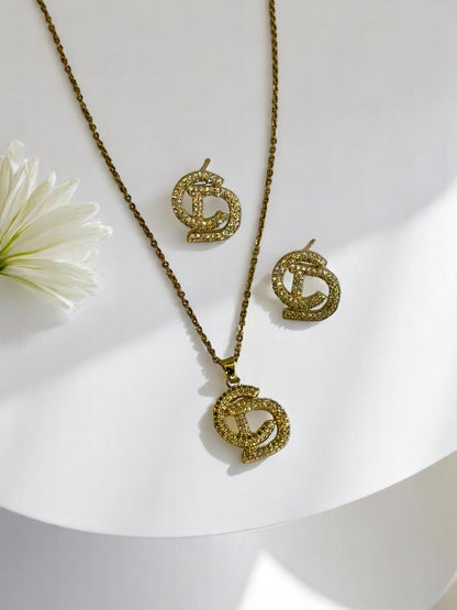 18K GOLD PLATED CHAIN WITH DIAMOND PENDENT AND EARRINGS