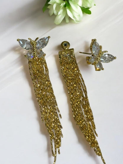 18K GOLD PLATED SHINY DIAMOND BUTTERFLY LUXURIOUS TASSEL /  STUD EARRING