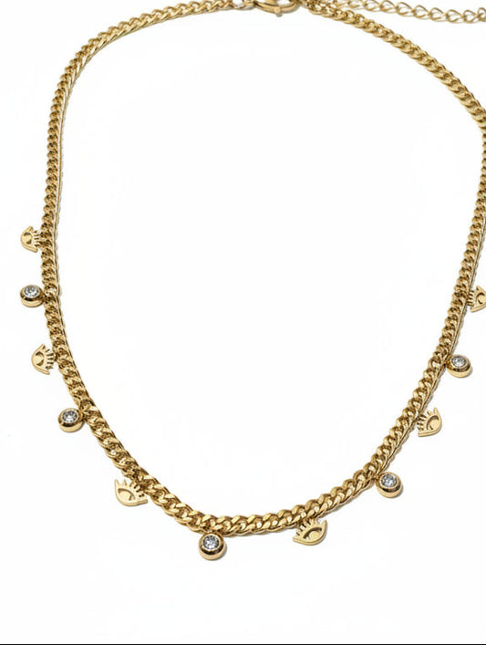GOLDEN CHAIN WITH SHINY TINY HANGING DIAMOND AND EVIL EYE