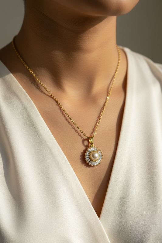 GOLDEN DIAMOND PEARL FLOWER ANDERSY NECKLACE