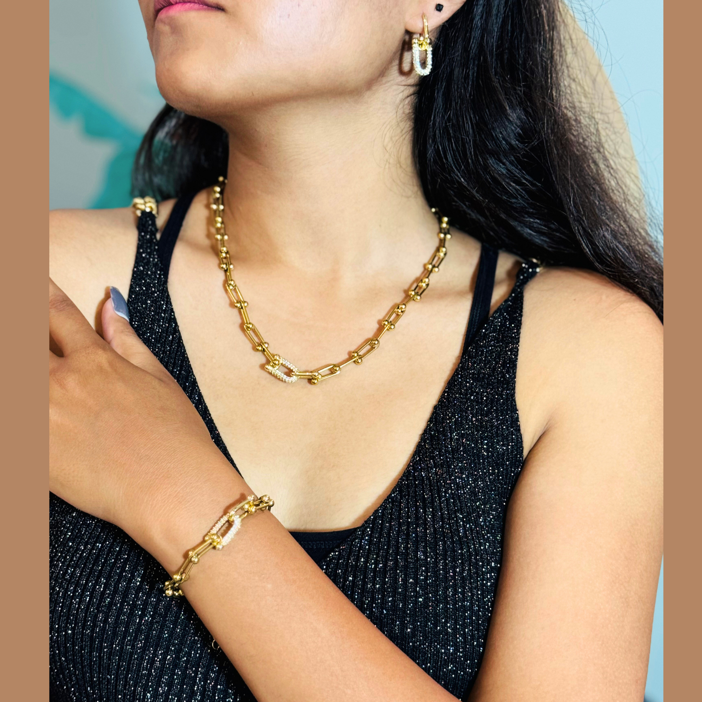 18K GOLD PLATED TIFFANY BRANDED CHAIN WITH EARRINGS AND BRACELET COMBO