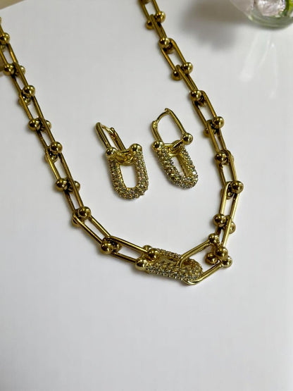 18K GOLD PLATED TIFFANY BRANDED CHAIN WITH EARRINGS AND BRACELET COMBO