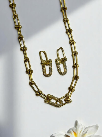18K GOLD PLATED TIFFANY BRANDED CHAIN WITH EARRINGS AND BRACELET COMBO