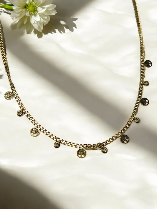 GOLDEN CHAIN WITH TREE OF LIFE SYMBOL AND HANGING DIAMOND