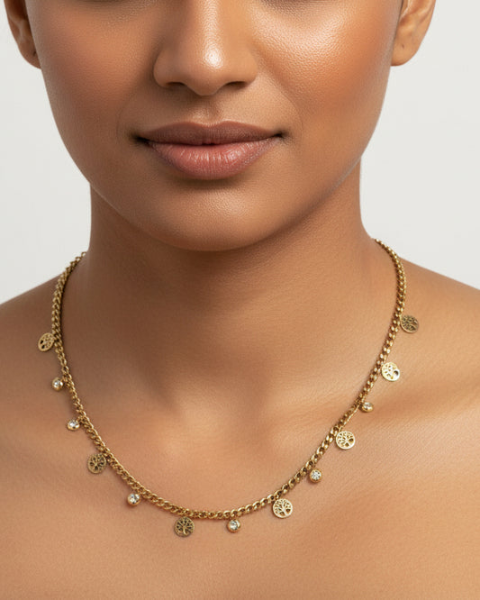 GOLDEN CHAIN WITH TREE OF LIFE SYMBOL AND HANGING DIAMOND