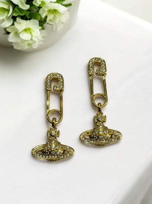 18K GOLD PLATED DIAMOND VIVIENNE WESTWOOD BRAND HANGING DIAOMND BALL, DANGLING EARRING