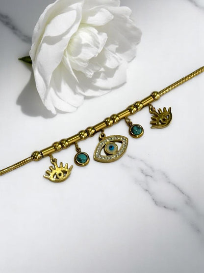 GOLDEN CHAIN WITH HANGING EVIL EYE CHARMS