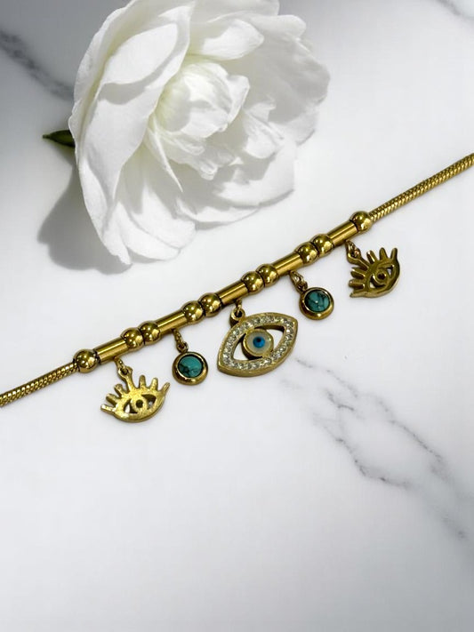 GOLDEN CHAIN WITH HANGING EVIL EYE CHARMS