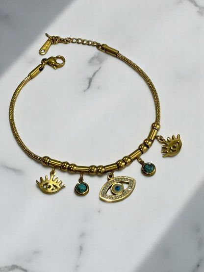 GOLDEN CHAIN WITH HANGING EVIL EYE CHARMS