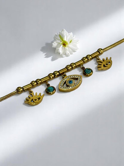 GOLDEN CHAIN WITH HANGING EVIL EYE CHARMS