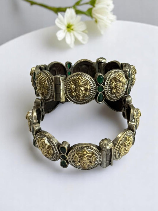 GERMAN SILVER GOLDEN BANGLE (KADA) TEMPLE DESIGN WITH GREEN STONE