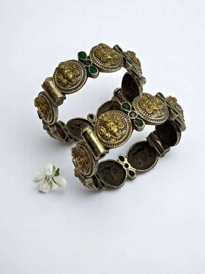 GERMAN SILVER GOLDEN BANGLE (KADA) TEMPLE DESIGN WITH GREEN STONE