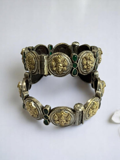 GERMAN SILVER GOLDEN BANGLE (KADA) TEMPLE DESIGN WITH GREEN STONE