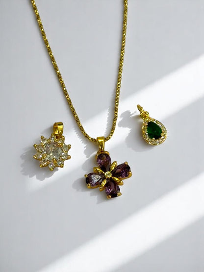 GOLDEN CHAIN WITH THREE TYPE OF WHITE, PURPLE, GREEN DIAMOND PENDENT