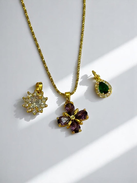 GOLDEN CHAIN WITH THREE TYPE OF WHITE, PURPLE, GREEN DIAMOND PENDENT