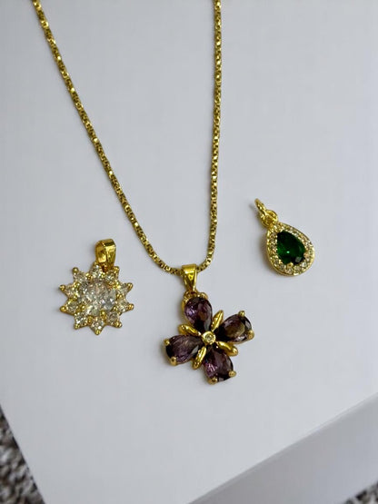 GOLDEN CHAIN WITH THREE TYPE OF WHITE, PURPLE, GREEN DIAMOND PENDENT