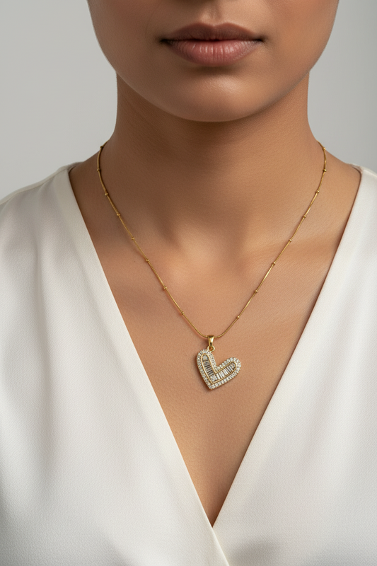 GOLDEN RECTANGULAR DIAMOND HEART DAHLIA NECKLACE