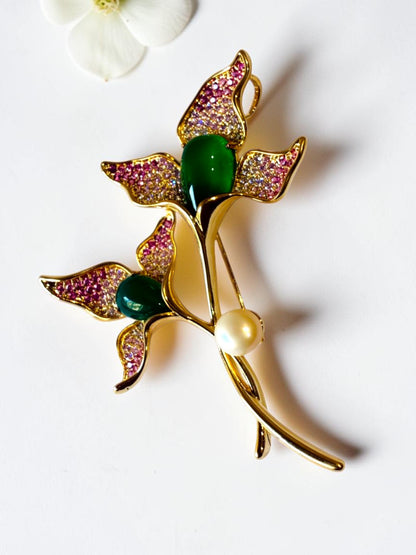 GREEN-PINK FLORAL KAIAY BROOCH