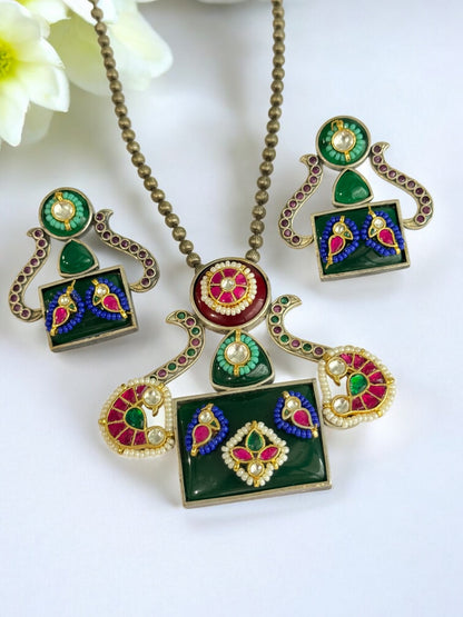GREEN AKSHITA GERMAN SILVER JEWELLERY SET