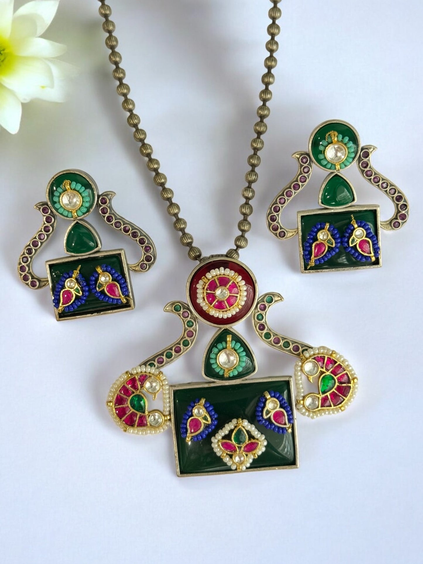 GREEN AKSHITA GERMAN SILVER JEWELLERY SET