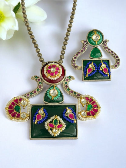 GREEN AKSHITA GERMAN SILVER JEWELLERY SET
