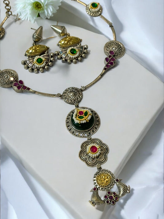 GREEN BHAKTI GERMAN SILVER JEWELLERY SET