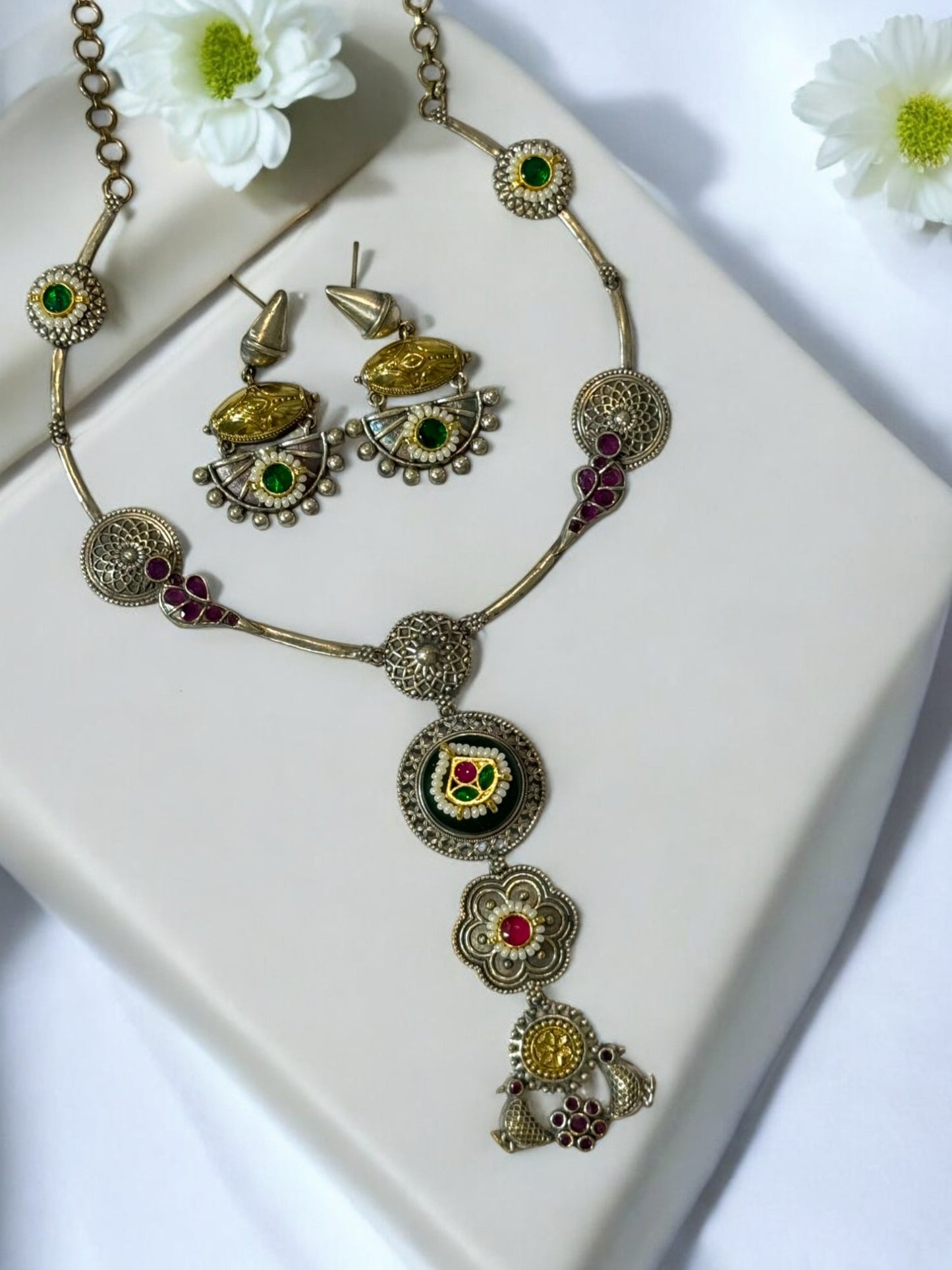 GREEN BHAKTI GERMAN SILVER JEWELLERY SET