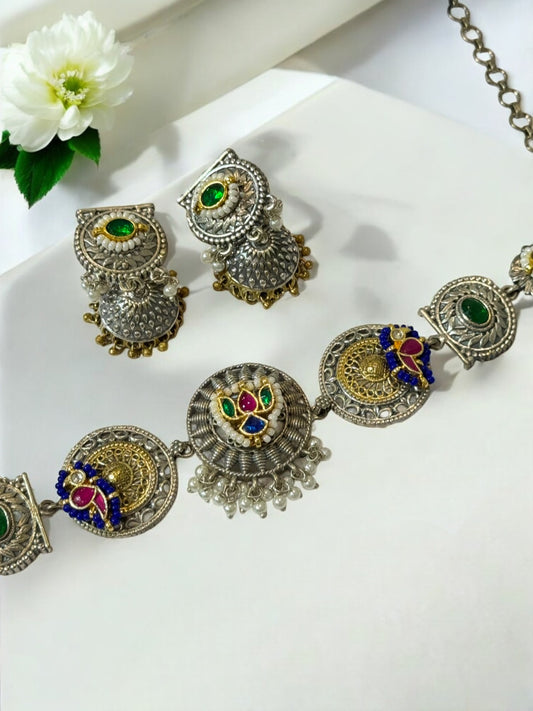 GREEN CHHAVIE GERMAN SILVER JEWELLERY SET