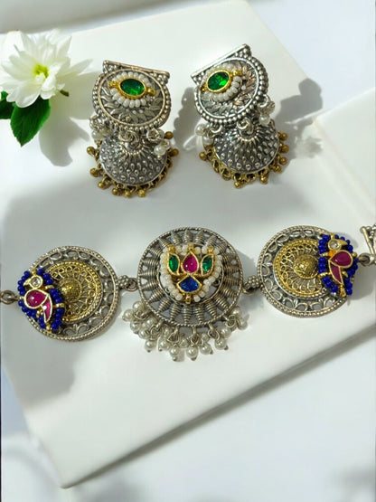 GREEN CHHAVIE GERMAN SILVER JEWELLERY SET