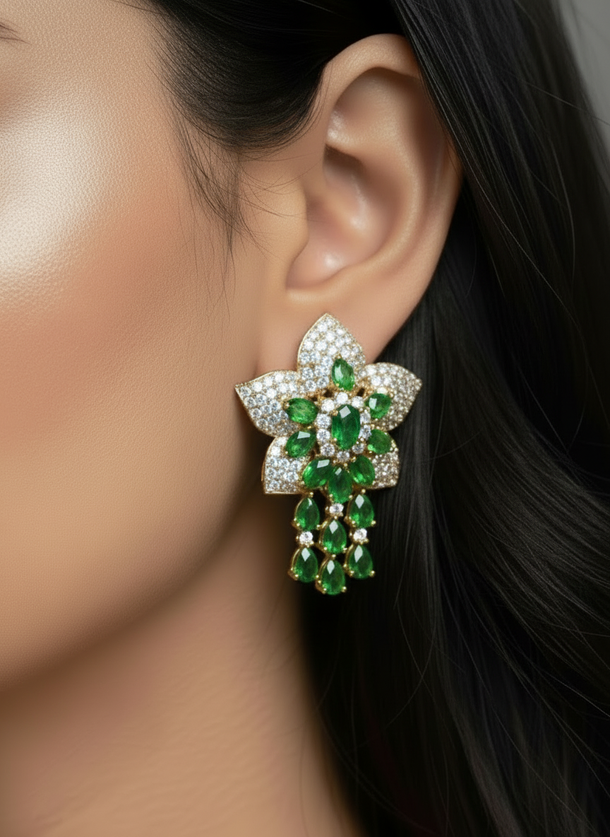 GREEN DIAMOND FLOWER DAMON EARRINGS