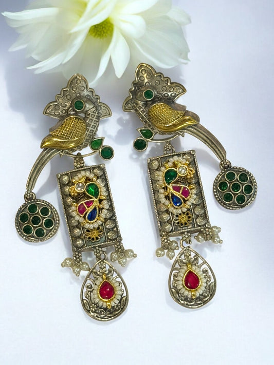 GREEN HRIDA GERMAN SILVER EARRINGS