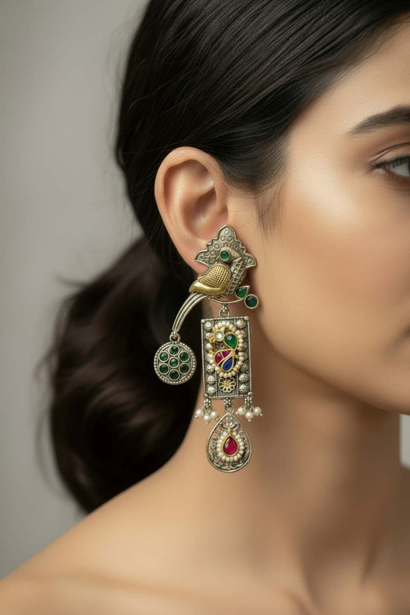 GREEN HRIDA GERMAN SILVER EARRINGS