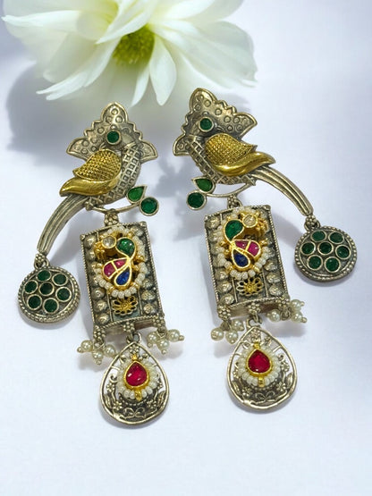 GREEN HRIDA GERMAN SILVER EARRINGS