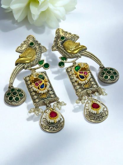 GREEN HRIDA GERMAN SILVER EARRINGS