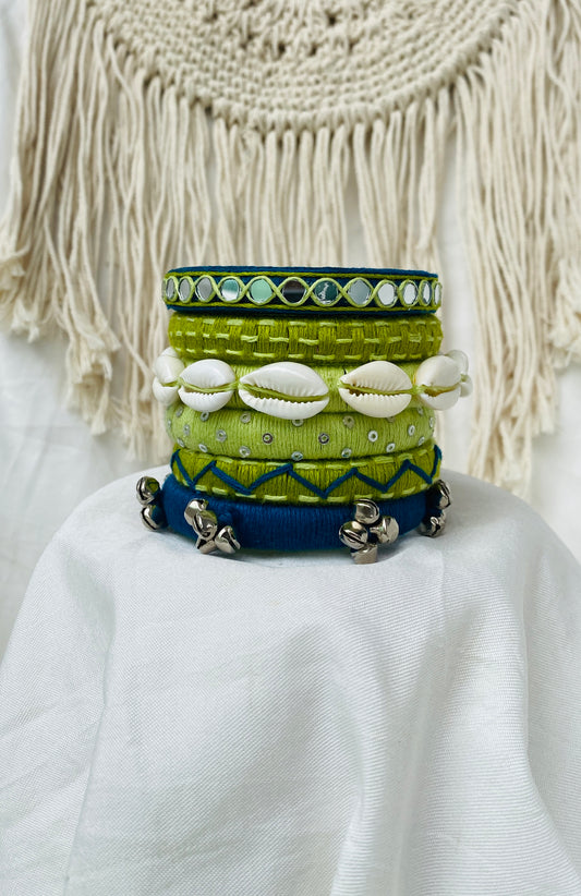 GREEN KODI AND MIRROR VEDA HANDMADE BANGLES