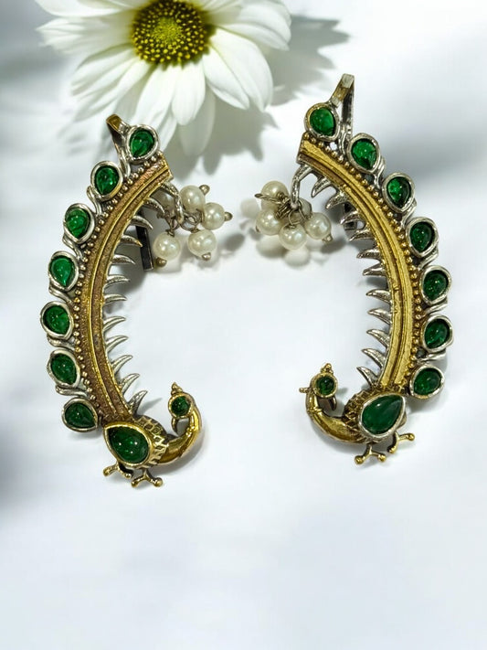 GREEN PEACOCK IDHIKA GERMAN SILVER EAR CUFF