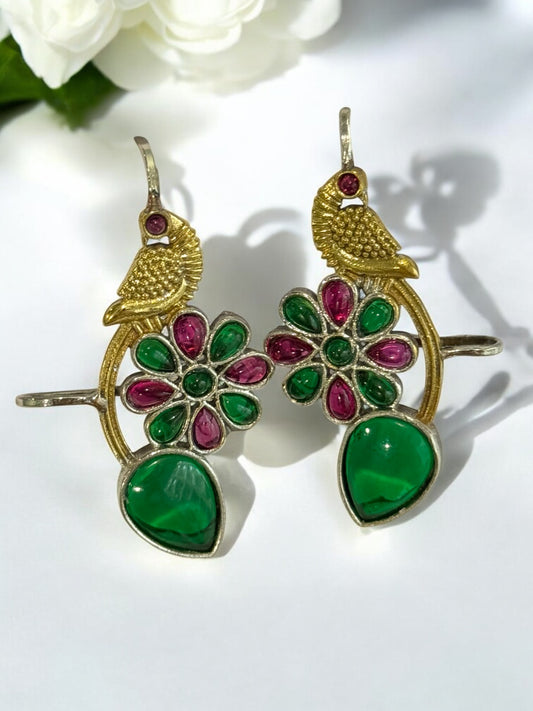 GREEN PINK JIYANSHA GERMAN SILVER EAR CUFF