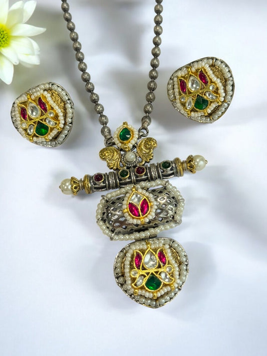 GREEN RUBY PARISHI GERMAN SILVER JEWELLERY SET
