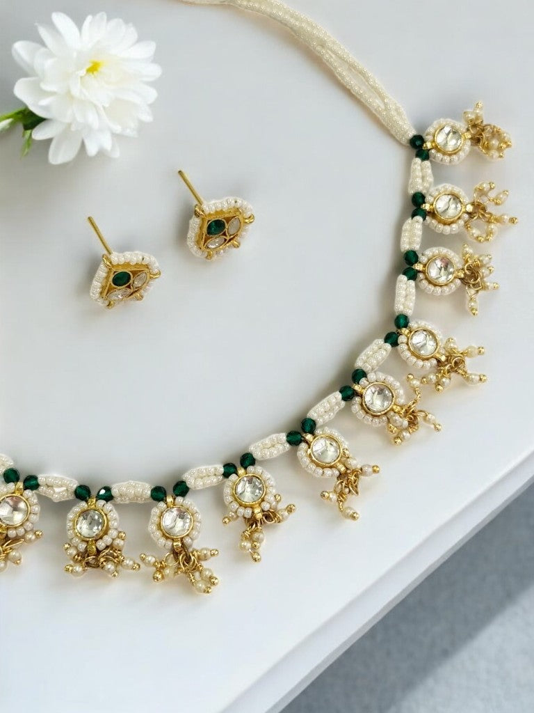 WHITE BEADS MALA WITH KUNDAN AND STUD EARRING