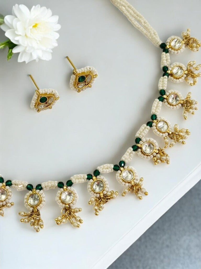 WHITE BEADS MALA WITH KUNDAN AND STUD EARRING