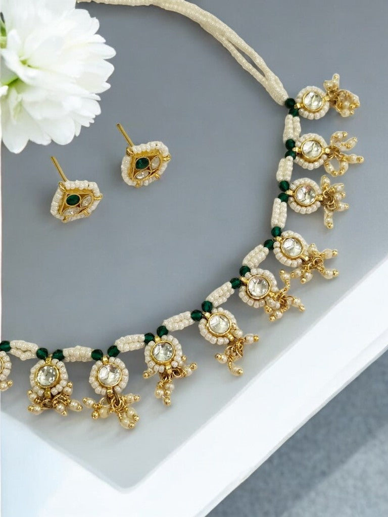WHITE BEADS MALA WITH KUNDAN AND STUD EARRING