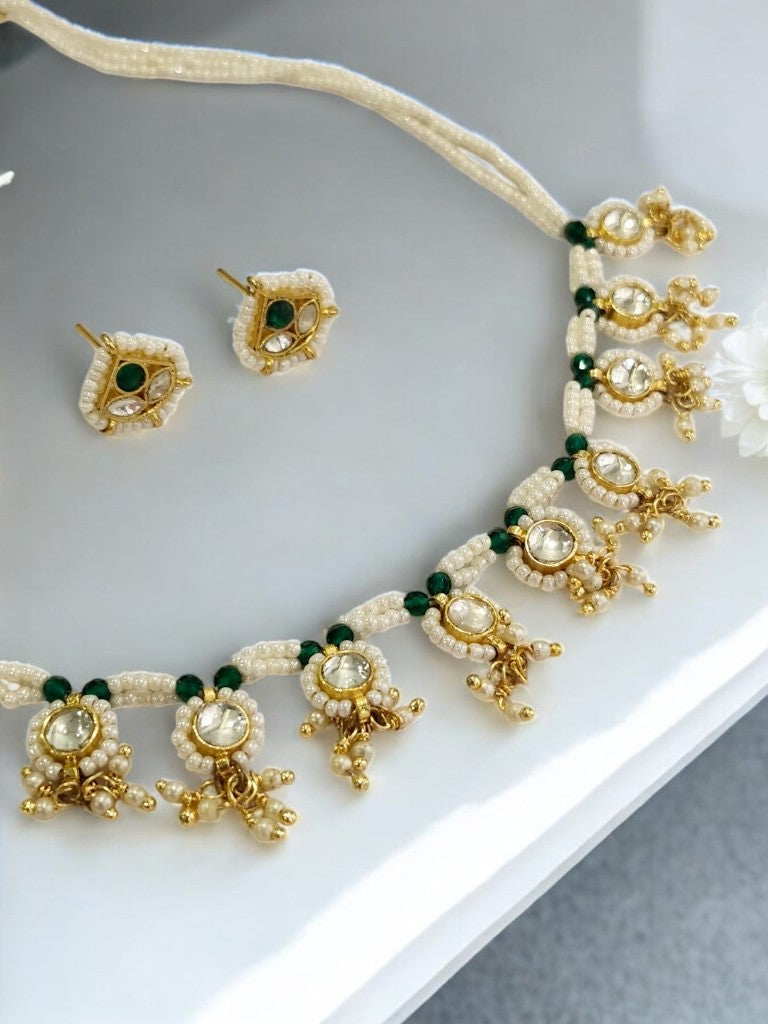 WHITE BEADS MALA WITH KUNDAN AND STUD EARRING