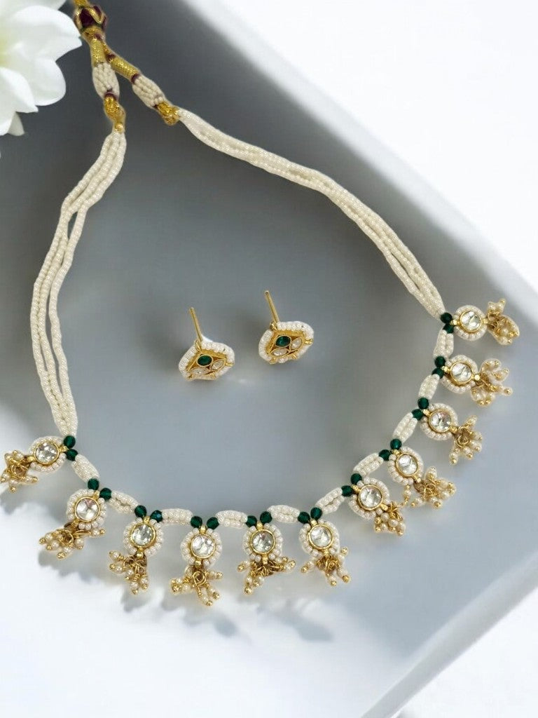 WHITE BEADS MALA WITH KUNDAN AND STUD EARRING